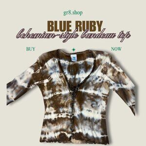 Blue Ruby Womens Bohemian-Style Tie-Dye Bandeau Top V-Neck Long Sleeve Size M